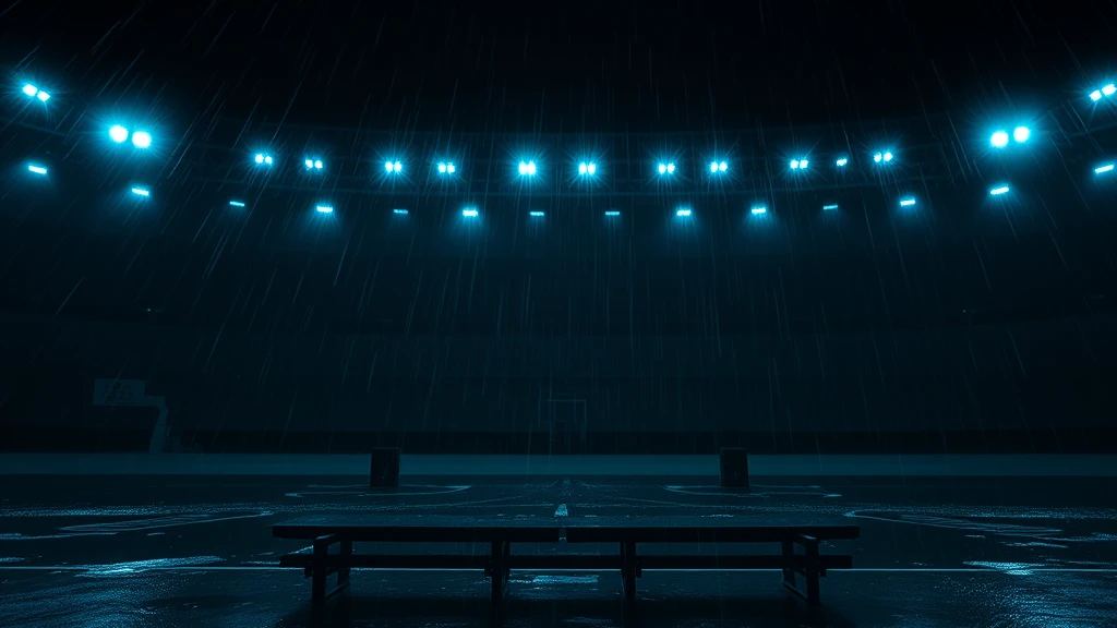 An empty dugout bench in driving rain