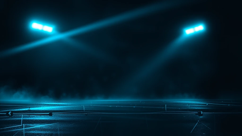 Two floodlight beams crossing over a dark pitch
